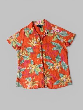 Lauren Ralph Lauren Vintage 100% Linen Hawaiian Floral Button-Up Shirt
